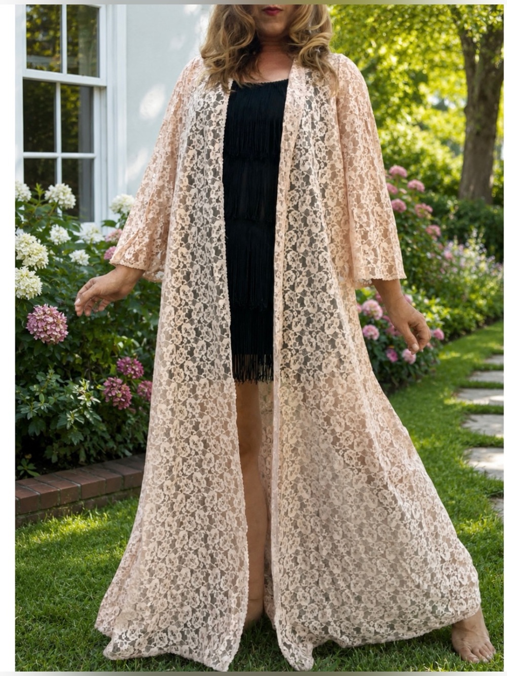Vintage Olga All-Lace Dusty Pink Floral Lace Maxi Robe Duster Gown Style 9120 M